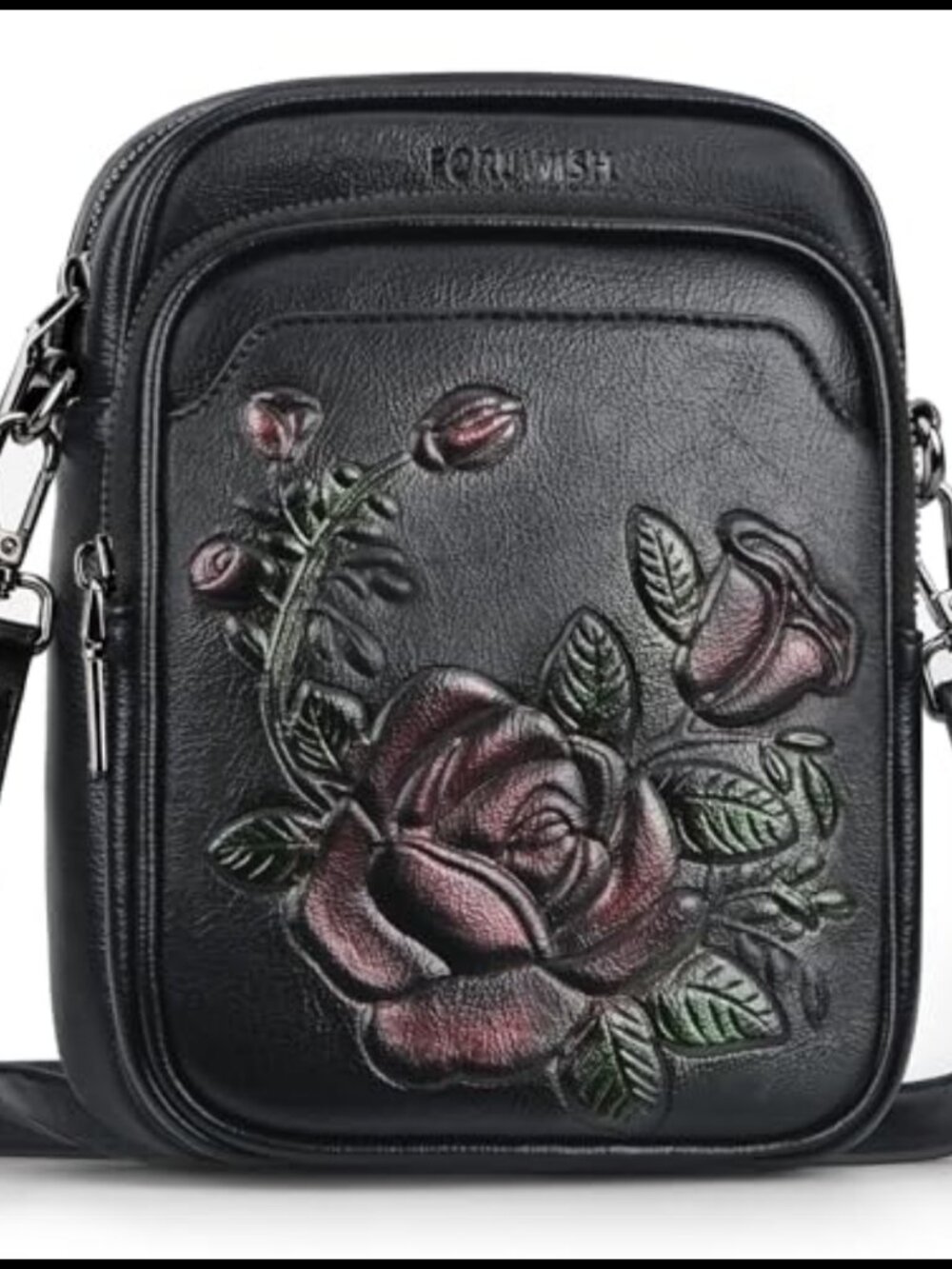 Floral Embossed Vegan Leather RFID Crossbody Phone Purse Wallet